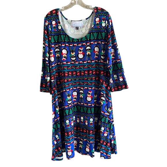 PENGUINS Print Dress 3X Stretchy Holly Mittens Christmas Trees Colorful Holiday - Picture 1 of 11